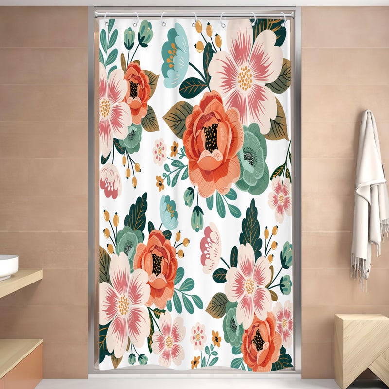 Riyidecor Small Stall Shower Curtain 36Wx72H Inch Half Narrow RV Spring Floral Flower Bathtub Decor Walkin Leaves Green Bathroom Decor Fabric Panel Polyester Waterproof 7 Pack Plastic Hooks - Image 1